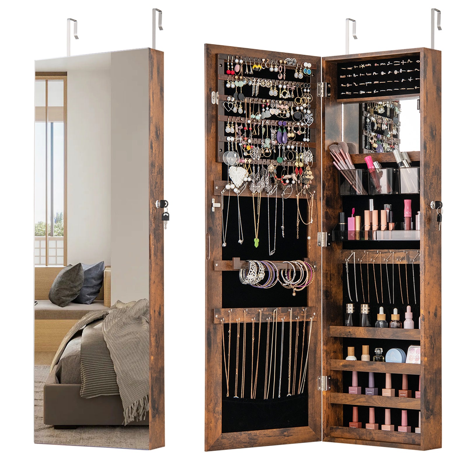 43.5 Inch Jewelry Mirror Cabinet with Full-length Mirror and Adjustable Hangers-Rustic Brown
