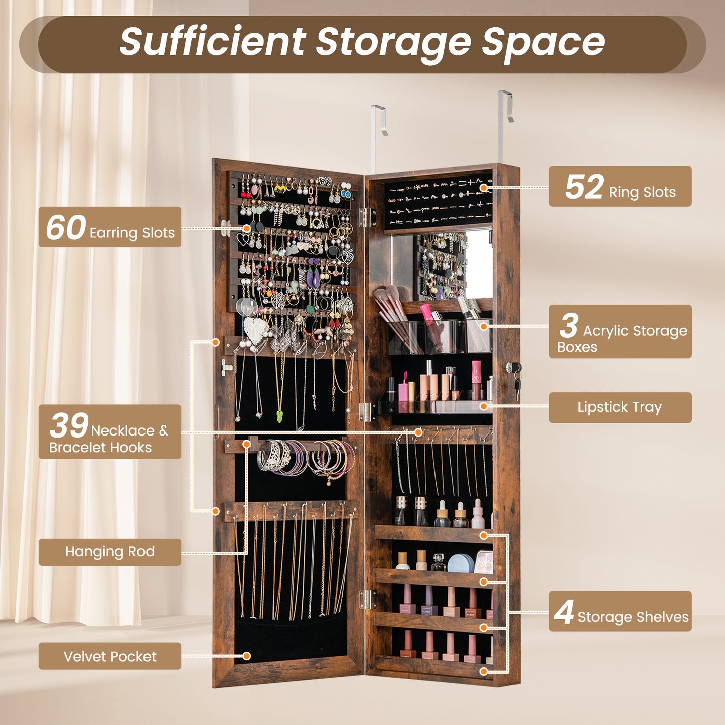 43.5 Inch Jewelry Mirror Cabinet with Full-length Mirror and Adjustable Hangers-Rustic Brown