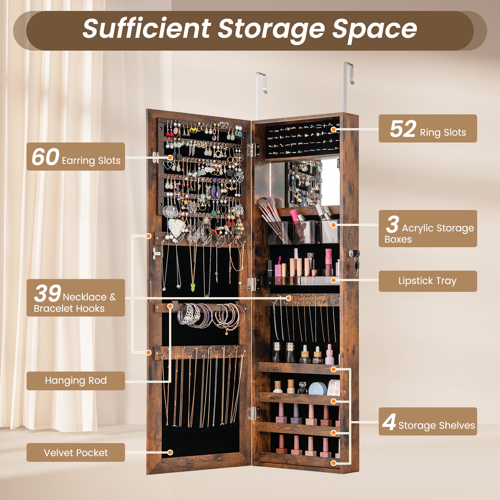 43.5 Inch Jewelry Mirror Cabinet with Full-length Mirror and Adjustable Hangers-Rustic Brown
