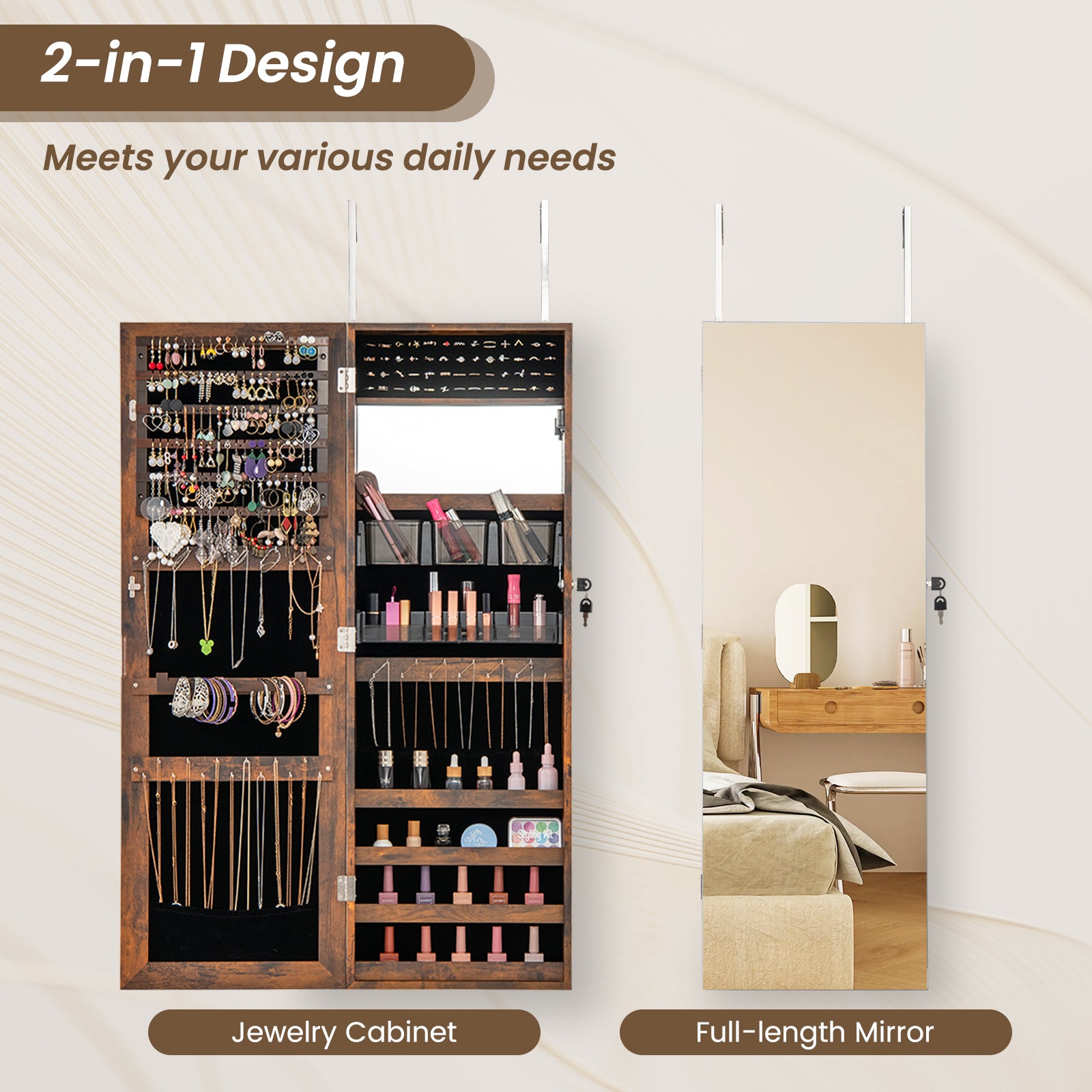 43.5 Inch Jewelry Mirror Cabinet with Full-length Mirror and Adjustable Hangers-Rustic Brown