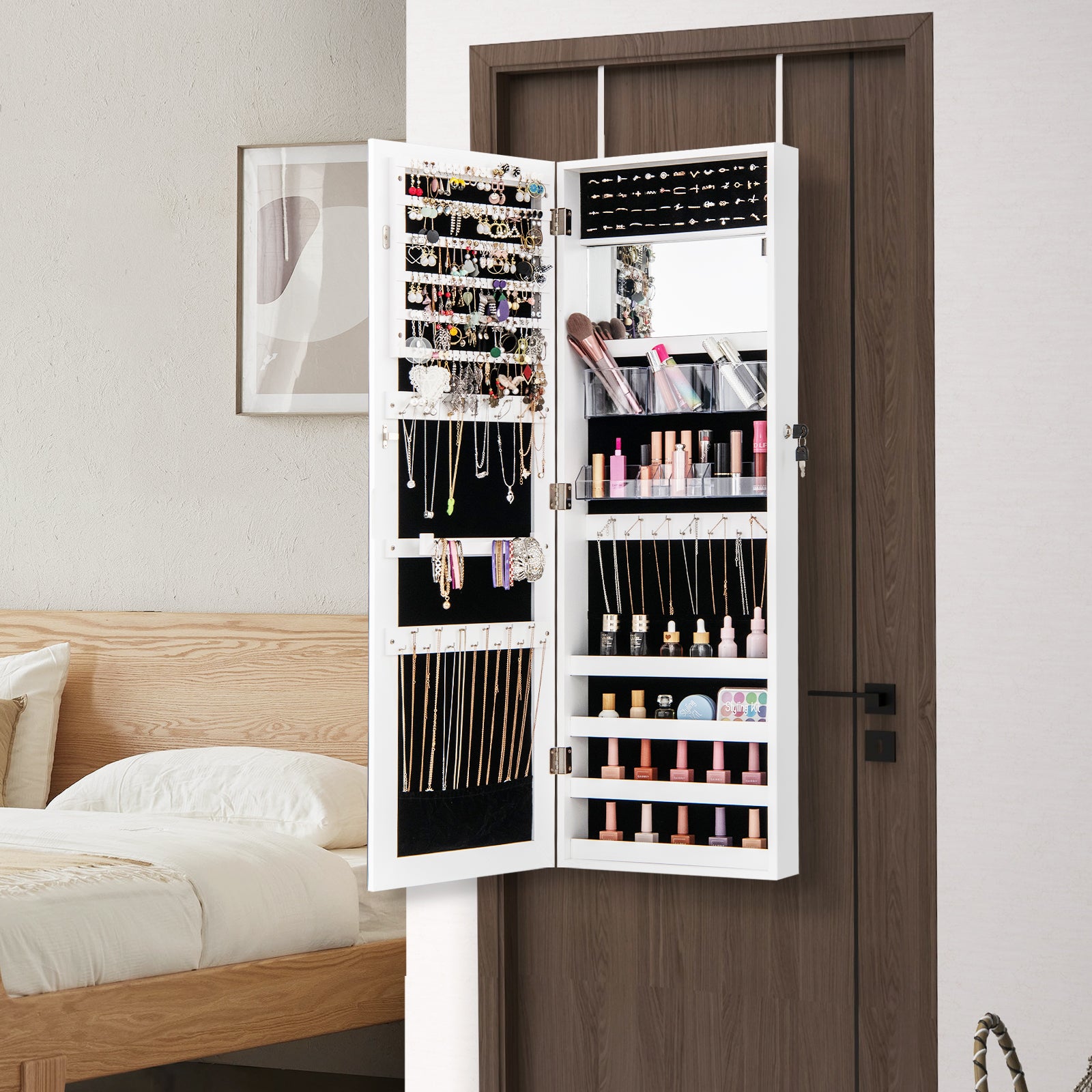 43.5 Inch Jewelry Mirror Cabinet with Full-length Mirror and Adjustable Hangers-White