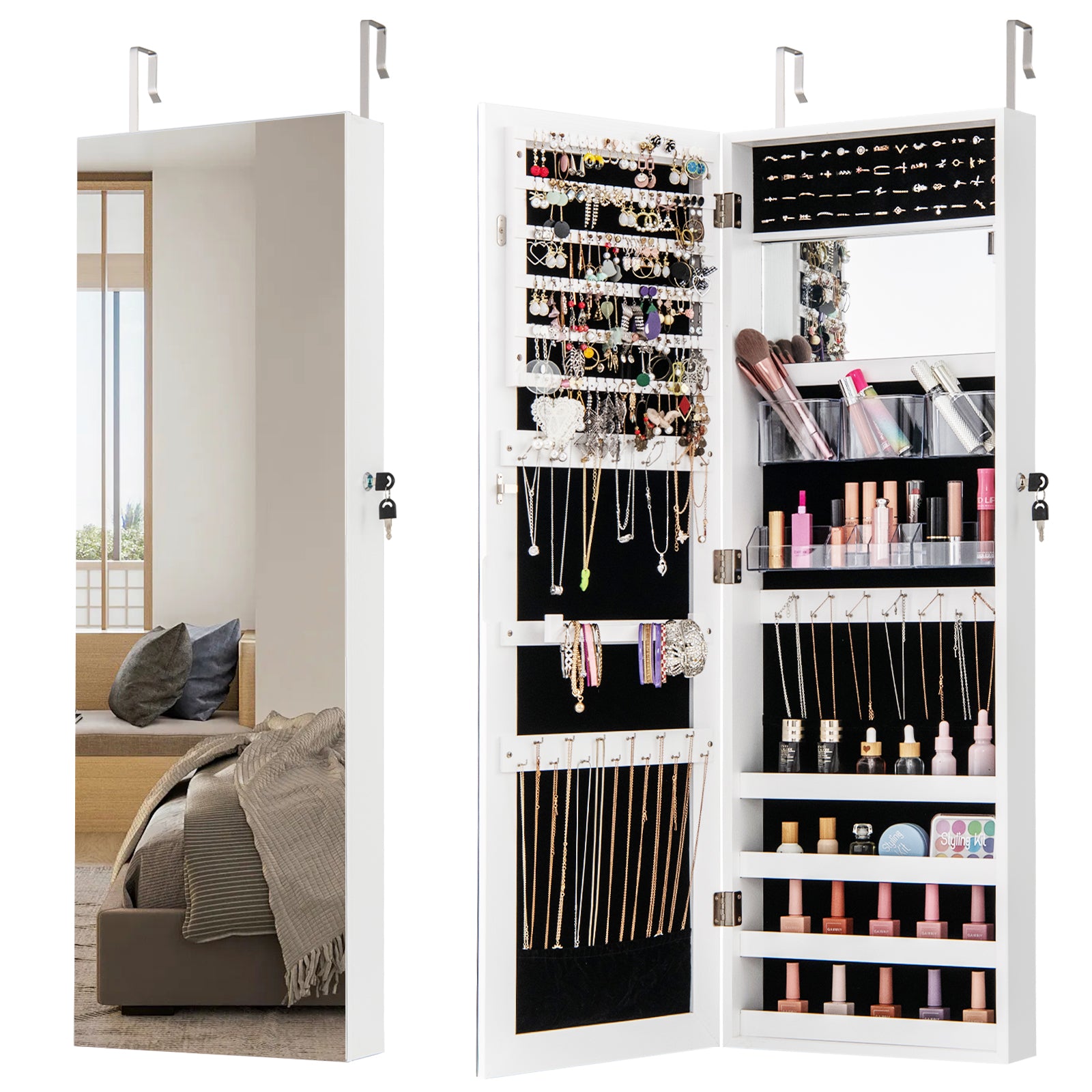 43.5 Inch Jewelry Mirror Cabinet with Full-length Mirror and Adjustable Hangers-White