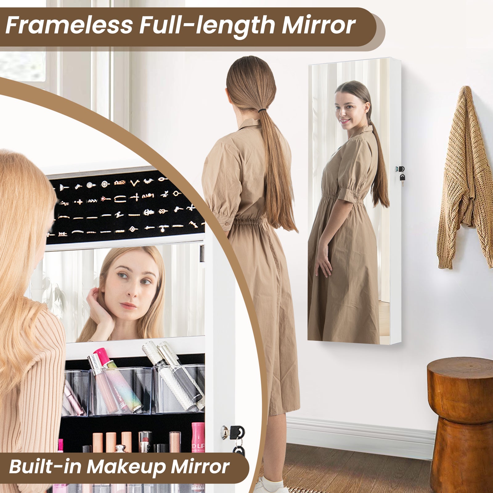 43.5 Inch Jewelry Mirror Cabinet with Full-length Mirror and Adjustable Hangers-White
