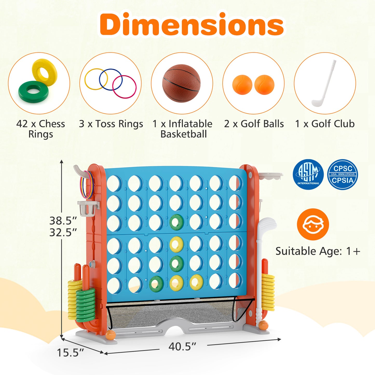 Jumbo 4-to-Score Game with Ring-toss and Basketball Hoop-Blue & Orange