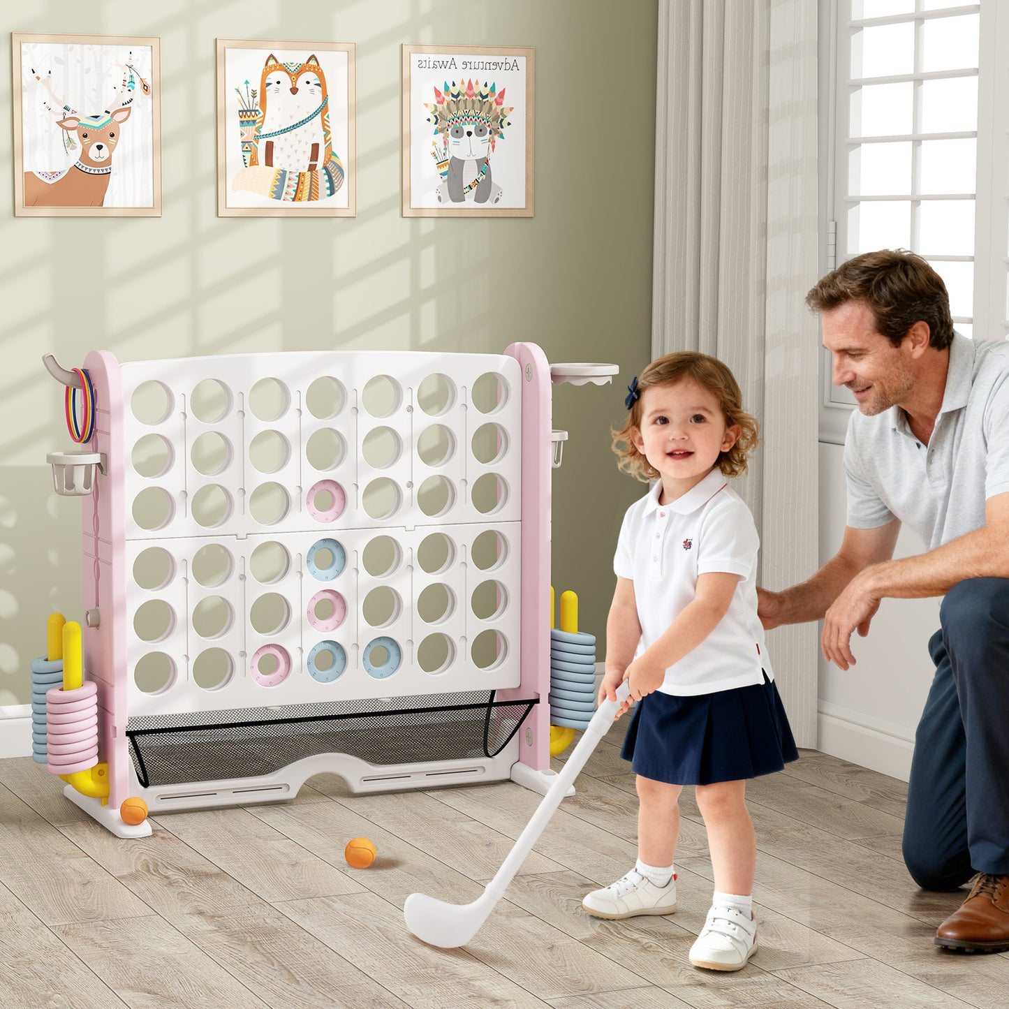 Jumbo 4-to-Score Game with Ring-toss and Basketball Hoop-Pink