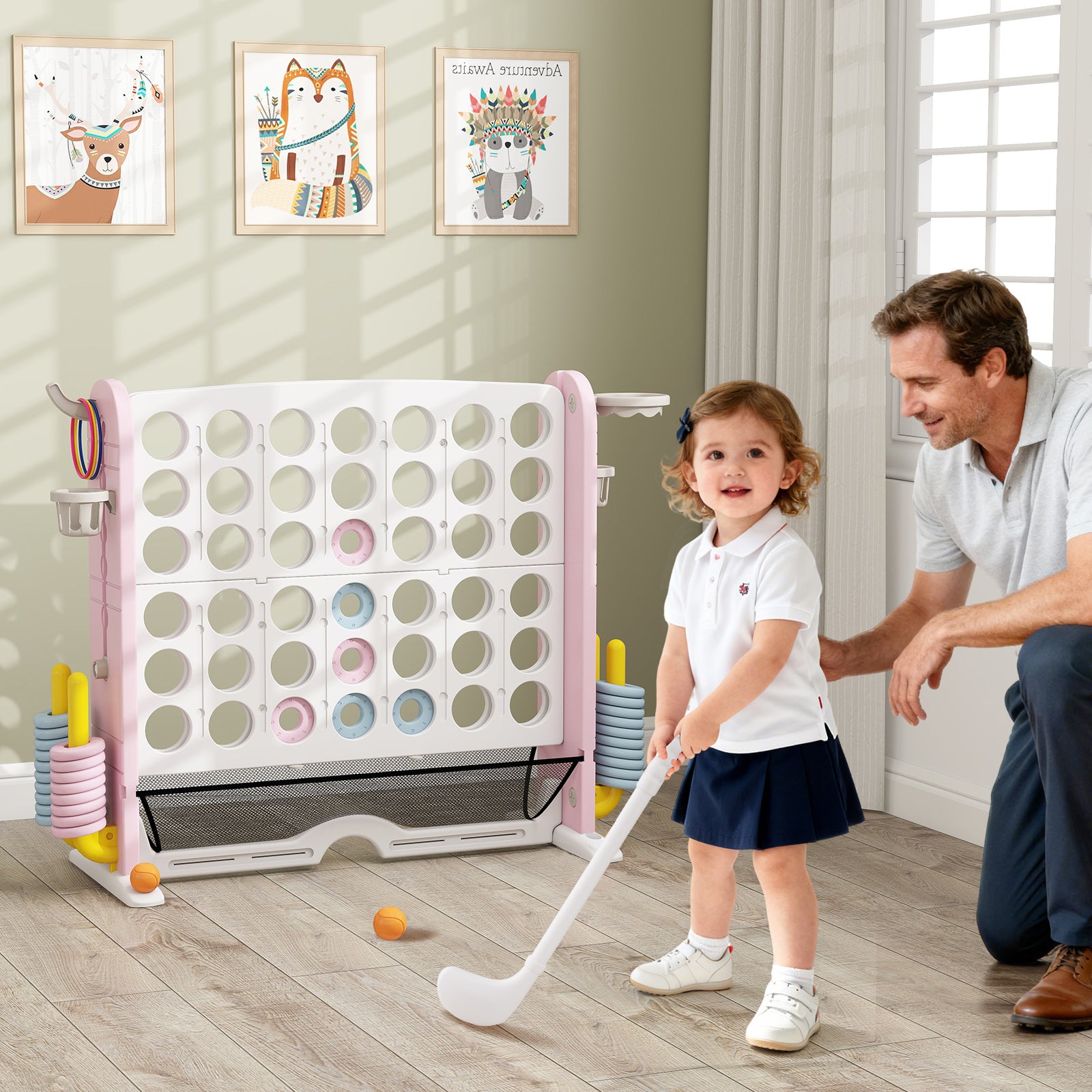 Jumbo 4-to-Score Game with Ring-toss and Basketball Hoop-Pink