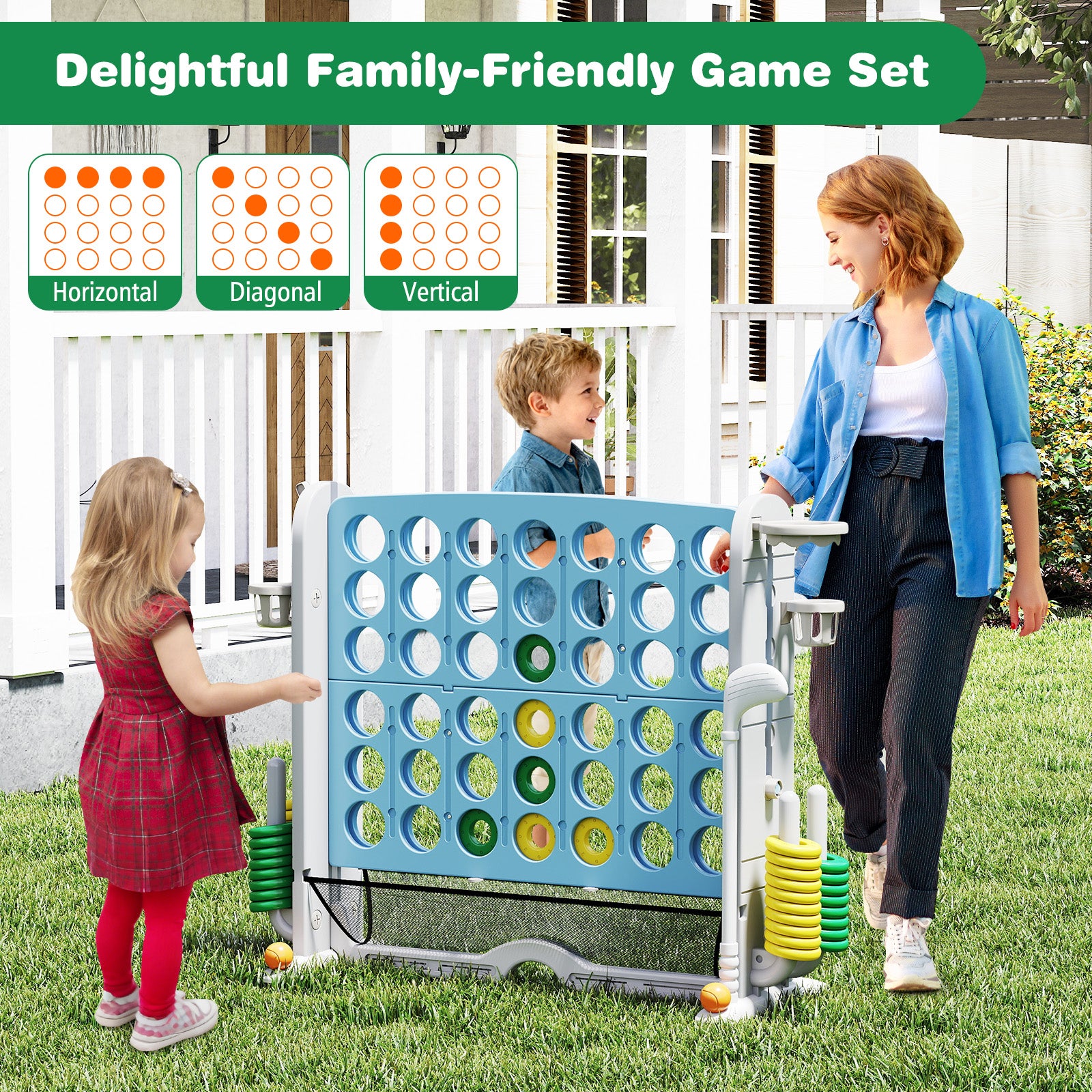 Jumbo 4-to-Score Game with Ring-toss and Basketball Hoop-Light Blue