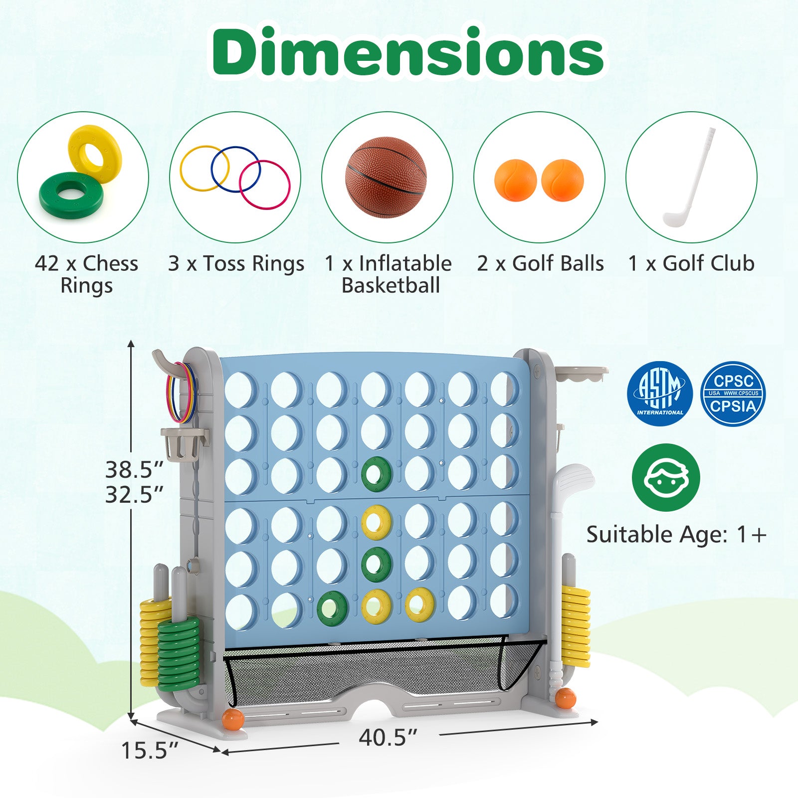 Jumbo 4-to-Score Game with Ring-toss and Basketball Hoop-Light Blue