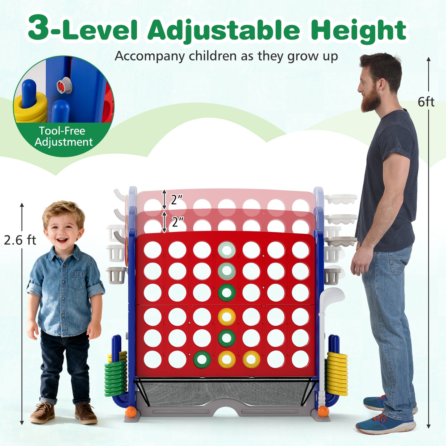 Jumbo 4-to-Score Game with Ring-toss and Basketball Hoop-Red