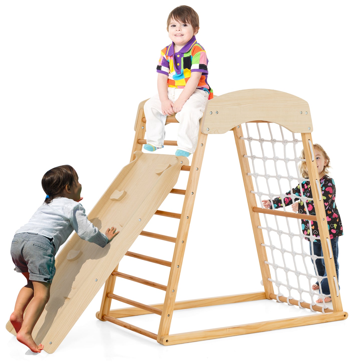 6-in-1 Jungle Gym Wooden Indoor Playground with Double-Sided Ramp and Monkey Bars-Multicolor - Natural