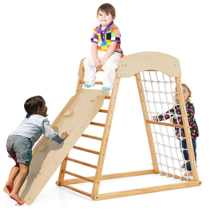 6-in-1 Jungle Gym Wooden Indoor Playground with Double-Sided Ramp and Monkey Bars-Multicolor - Natural