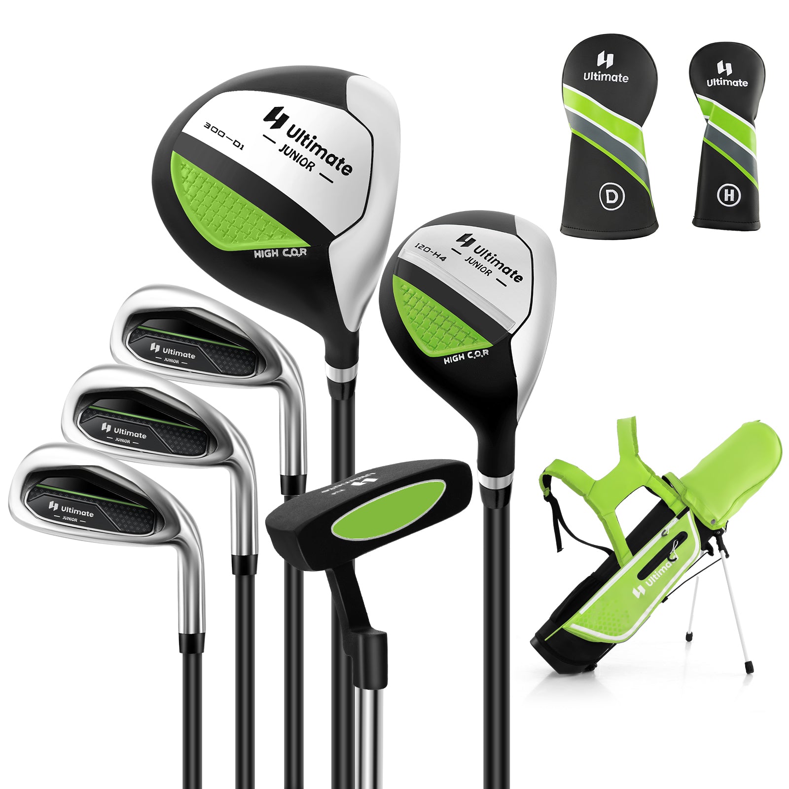 Junior Complete Golf Club Set with Stand Bag Rain Hood-Green - Green