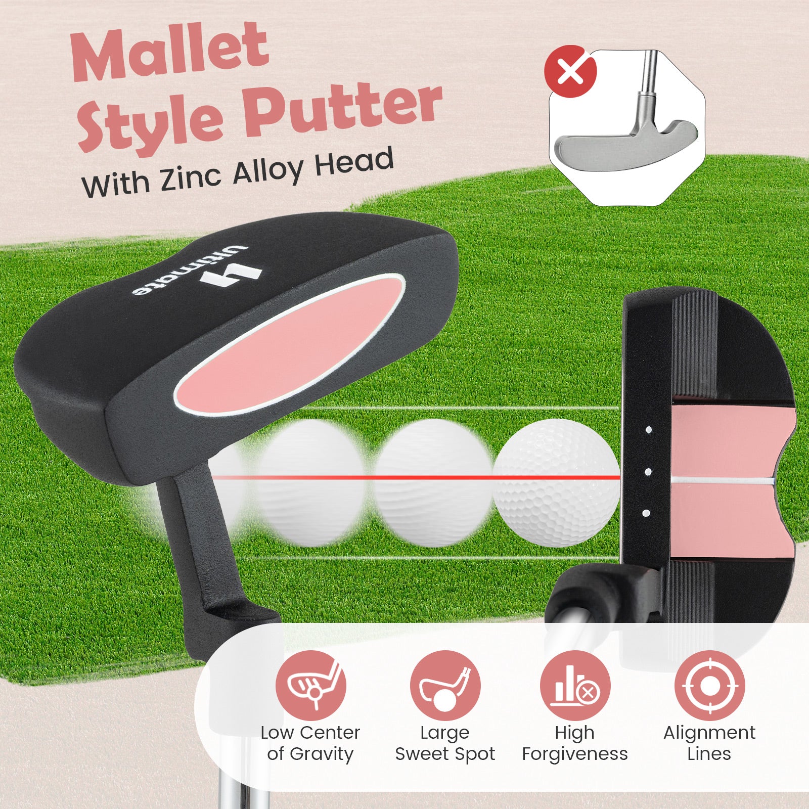 Junior Mallet Putter Individual Gold Club for Kids Ages 11-14-Blue - Pink