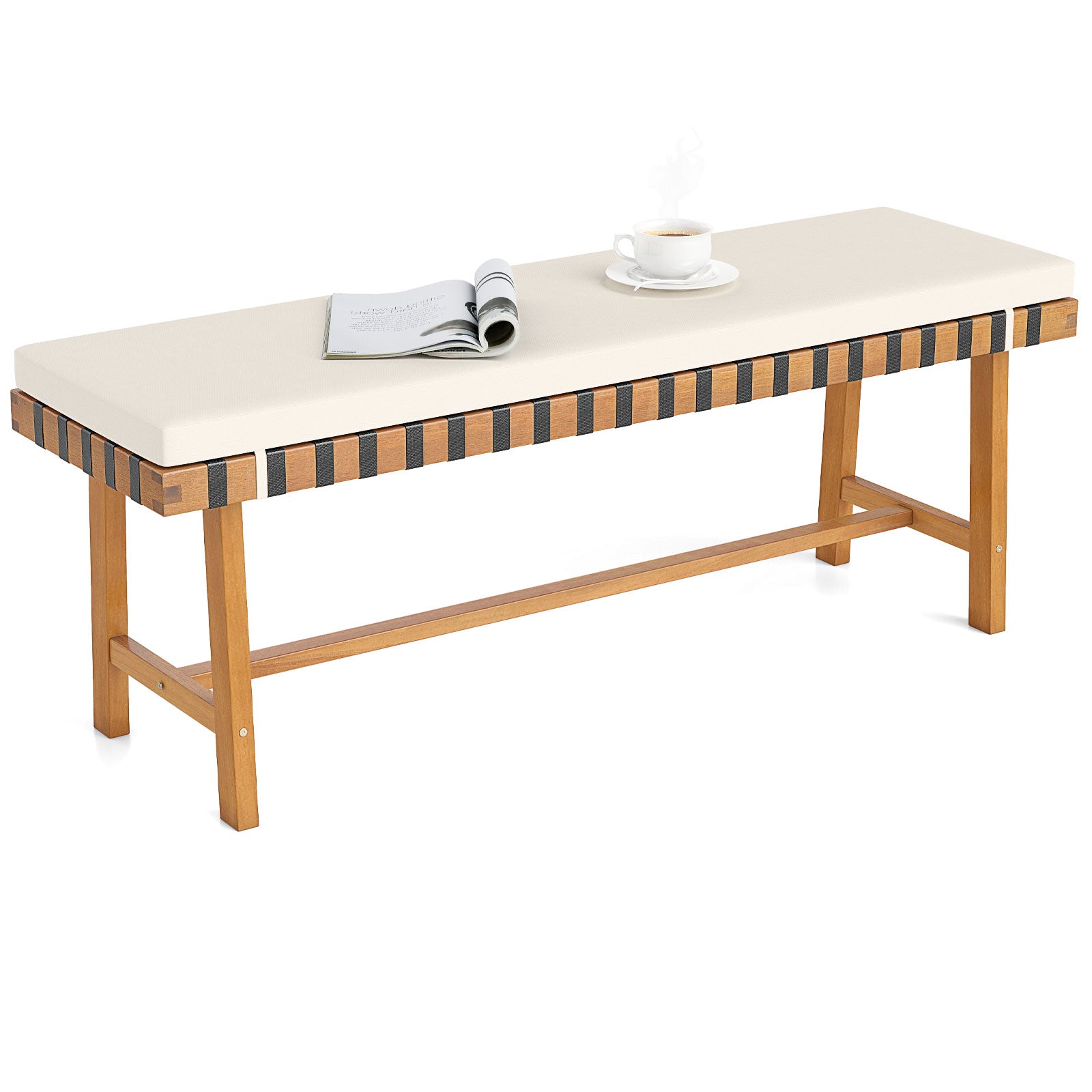 48 inch Acacia Wood Outdoor Bench with Thick Padded Seat Cushion