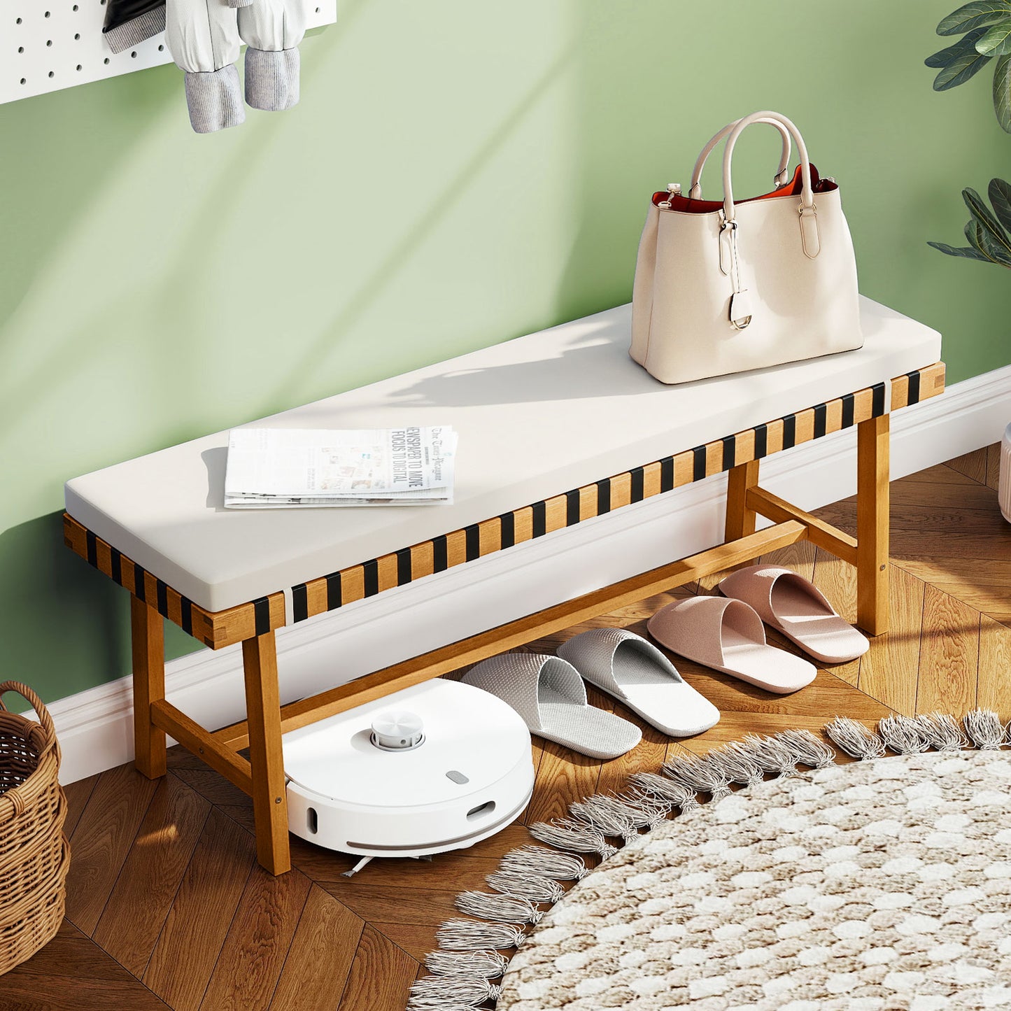 48 inch Acacia Wood Outdoor Bench with Thick Padded Seat Cushion