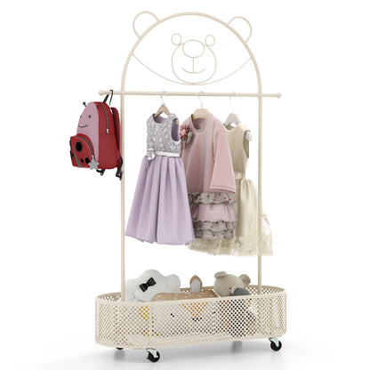 Kid Clothes Rack with 3 Adjustable Heights and Wheels-White - White
