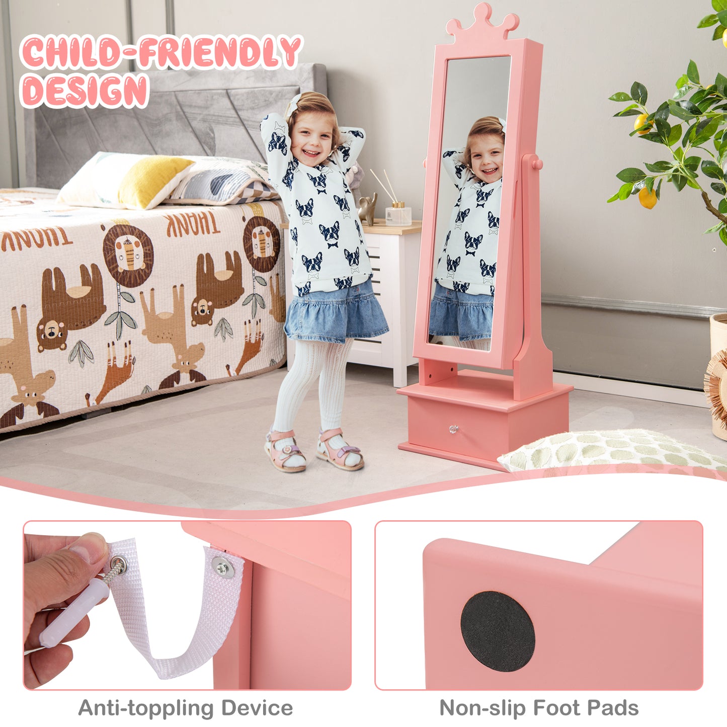 2-in-1 Kids Play Jewelry Armoire with Full Length Mirror and Drawers