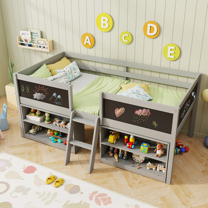 Kid Twin Size Low Loft Bed with Chalkboard Ramp Ladder and Bookcases