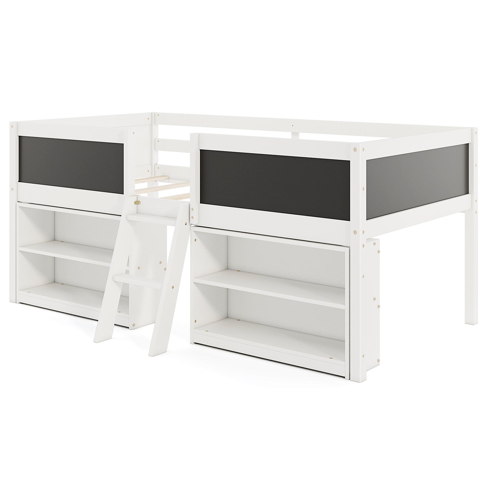 Kid Twin Size Low Loft Bed with Chalkboard Ramp Ladder and Bookcases-Gray - White