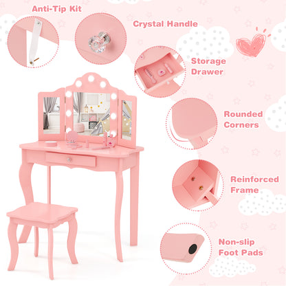 Kid Vanity Table Stool Set with Tri-Folding Mirror and 3-Color LED Lights