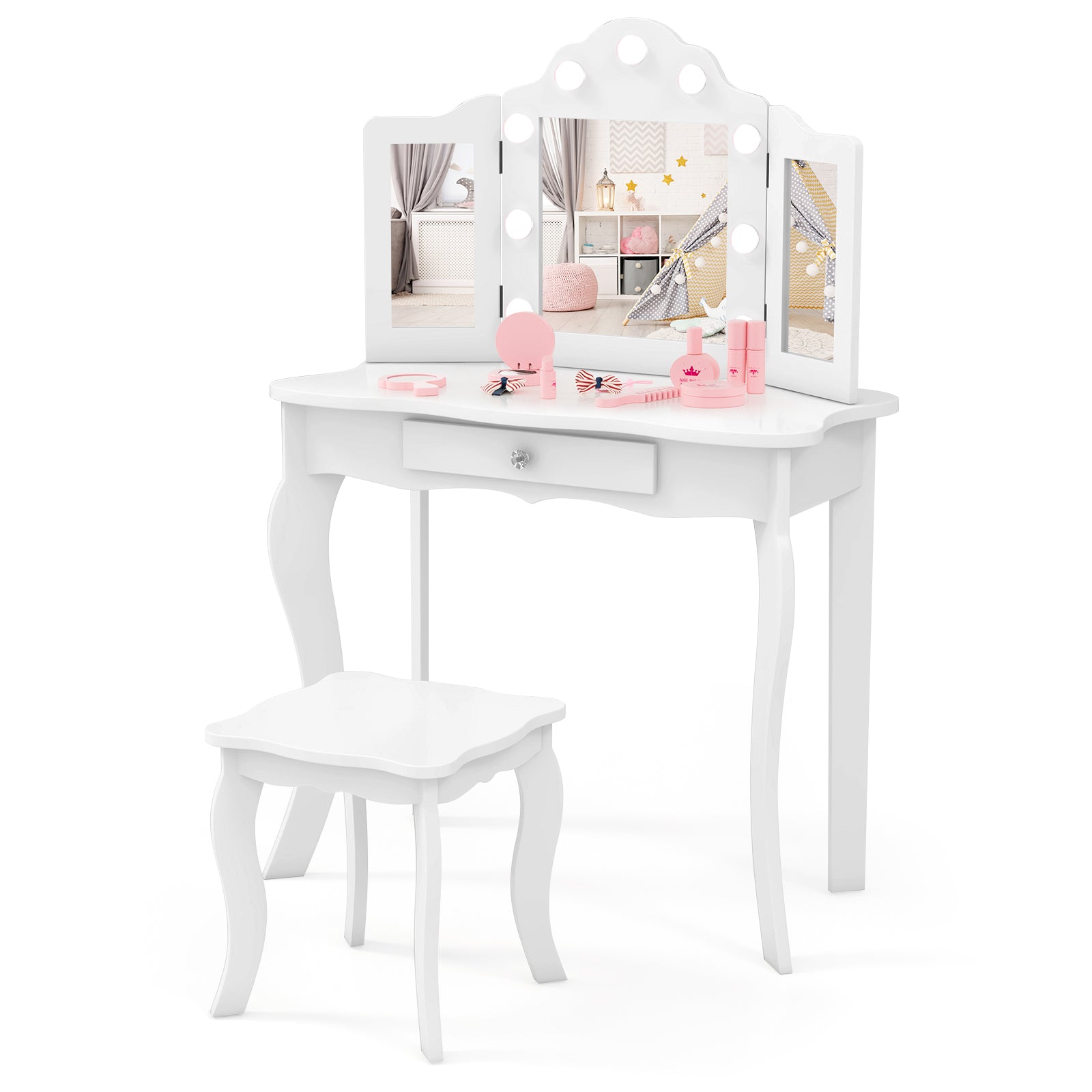 Kid Vanity Table Stool Set with Tri-Folding Mirror and 3-Color LED Lights-White - White