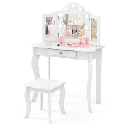 Kid Vanity Table Stool Set with Tri-Folding Mirror and 3-Color LED Lights-White - White