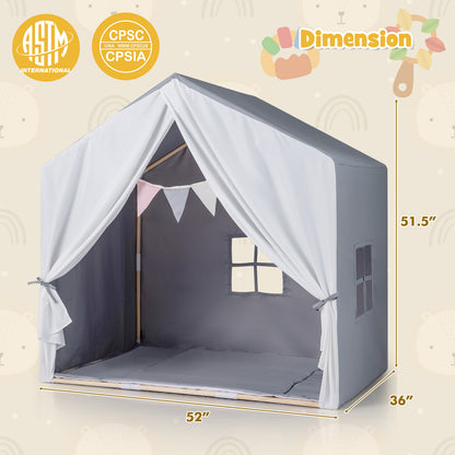 Kid's Play Tent with Washable Cotton Mat and Flag Banner-Gray - Gray