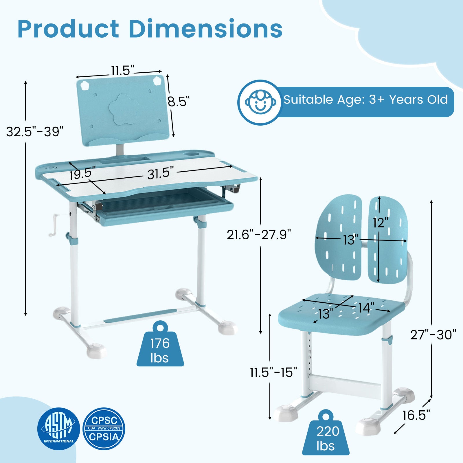 Kid's Study Desk and Chair Set with Tilt Desktop and Book Stand-Blue