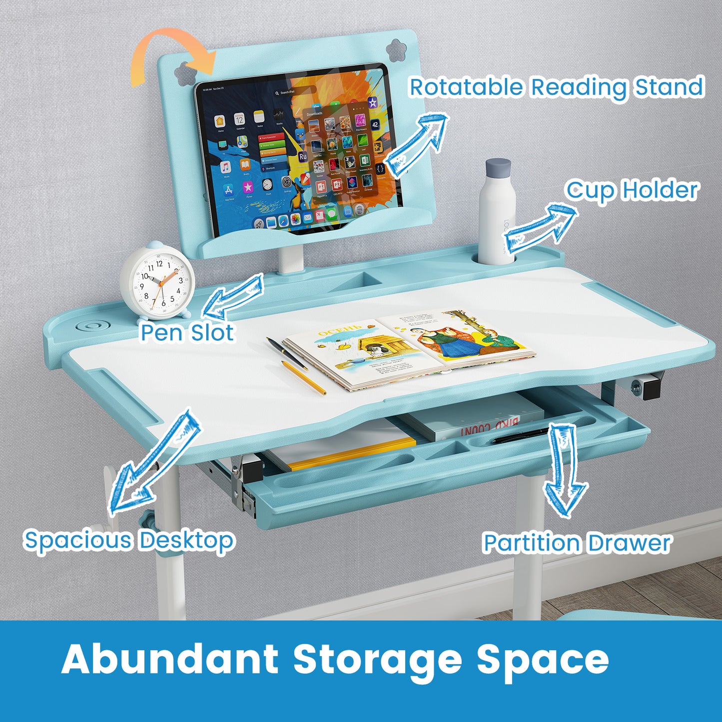 Kid's Study Desk and Chair Set with Tilt Desktop and Book Stand-Blue