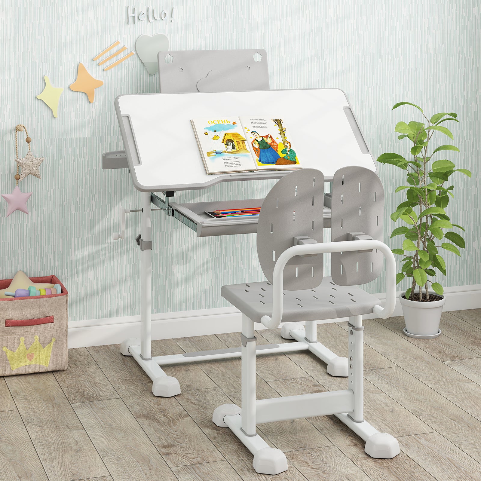 Kid's Study Desk and Chair Set with Tilt Desktop and Book Stand-Gray