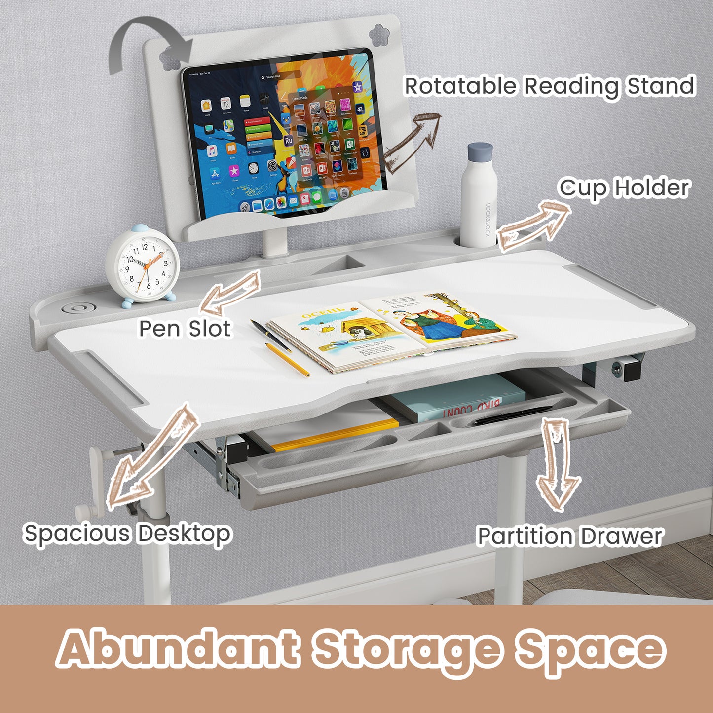 Kid's Study Desk and Chair Set with Tilt Desktop and Book Stand-Gray