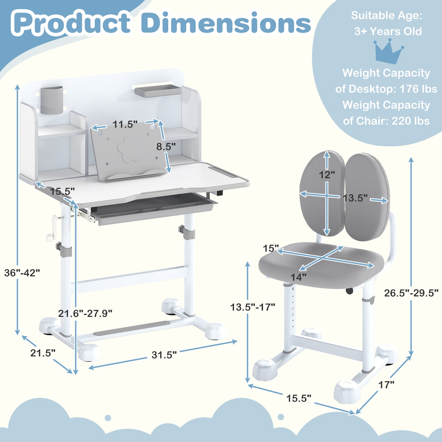 Kid's Study Desk and with Tilt Desktop and Pen Holder-Gray