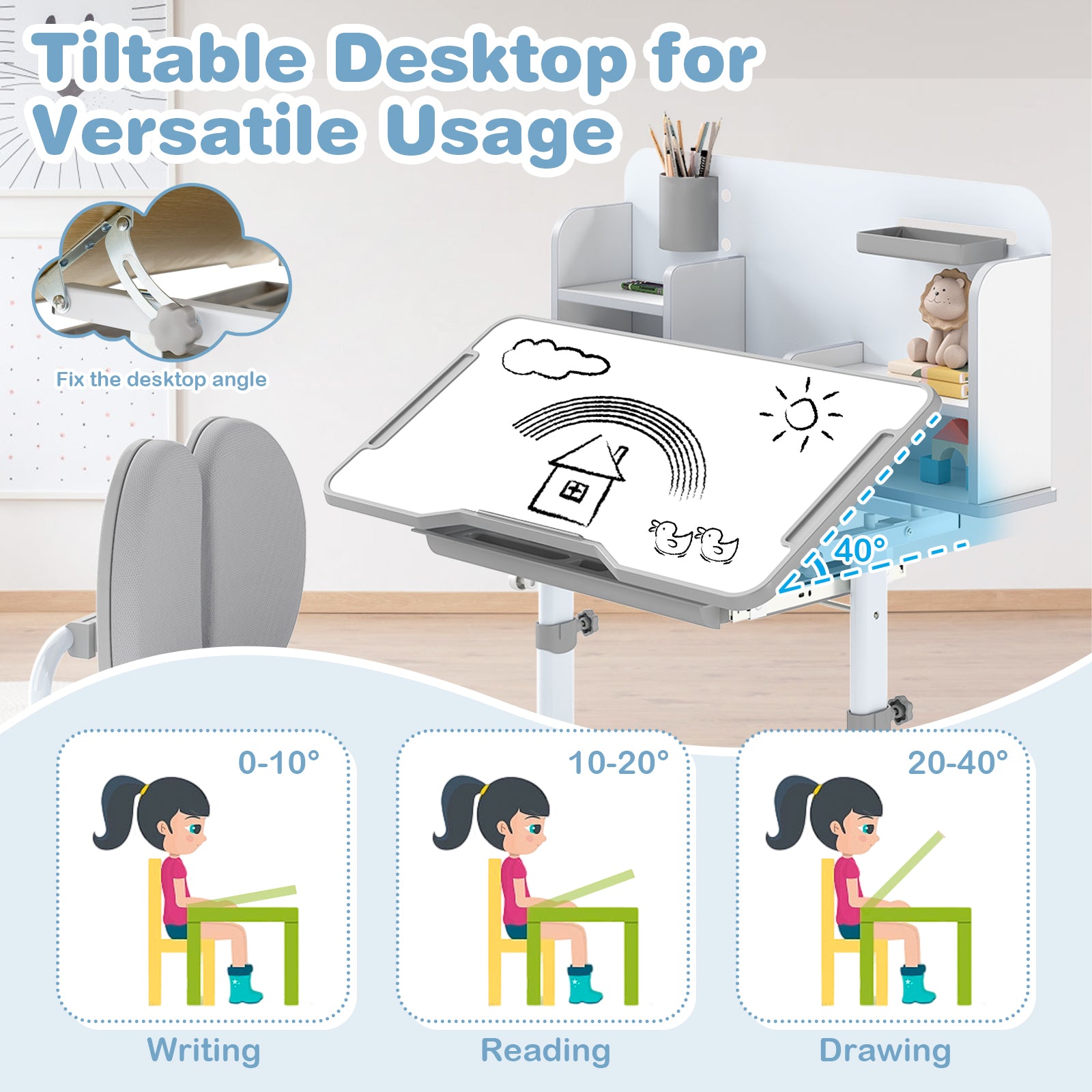 Kid's Study Desk and with Tilt Desktop and Pen Holder-Gray