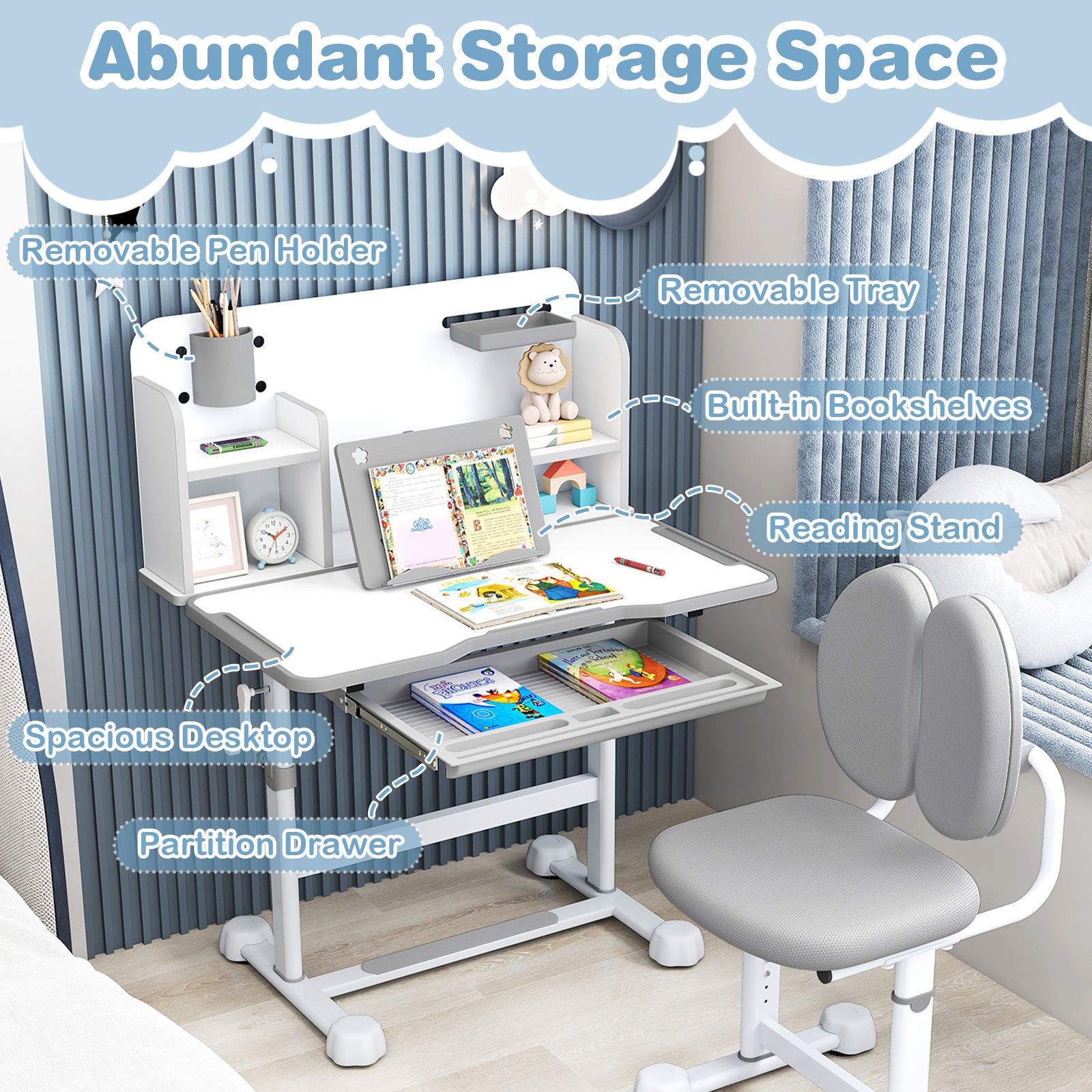 Kid's Study Desk and with Tilt Desktop and Pen Holder-Gray