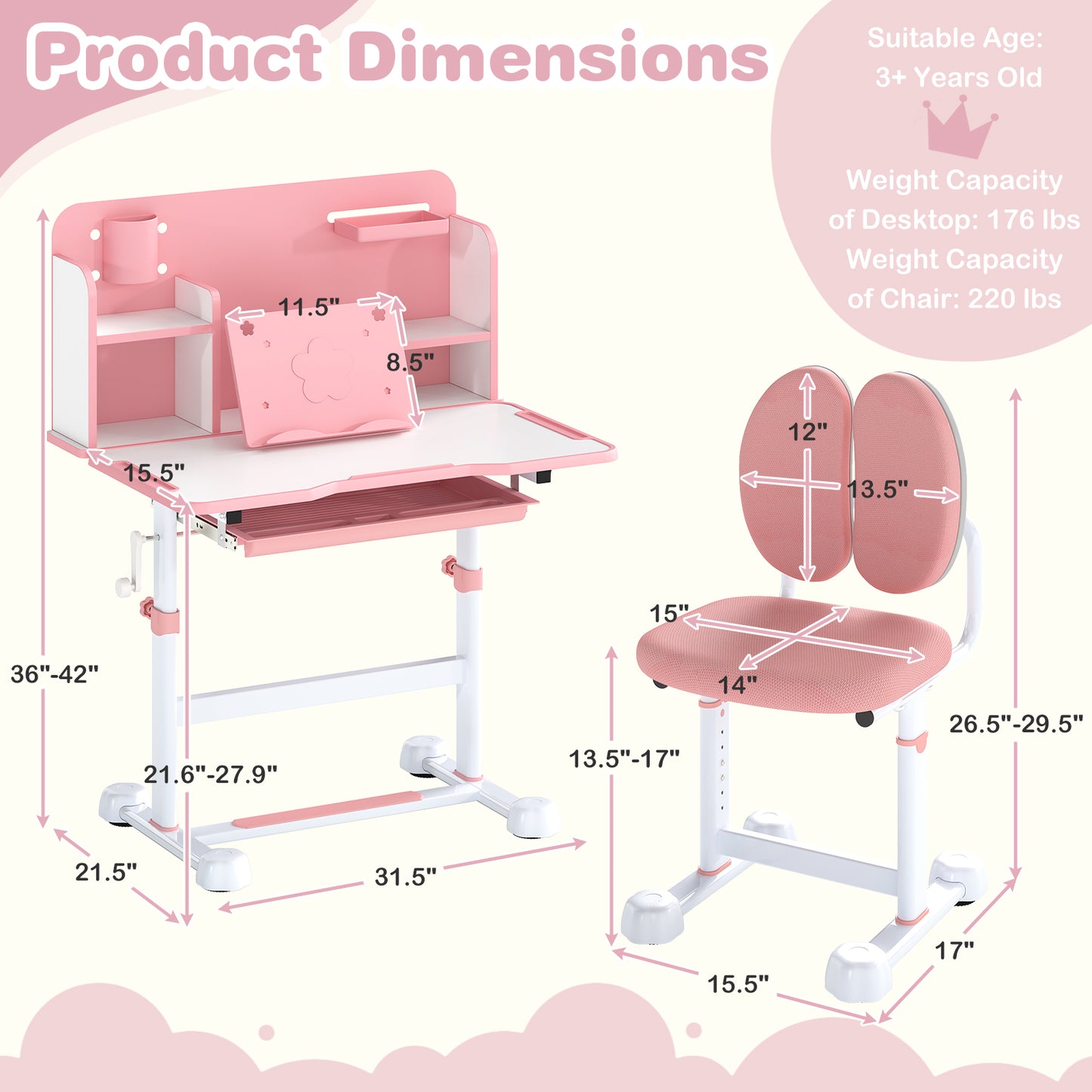 Kid's Study Desk and with Tilt Desktop and Pen Holder-Pink