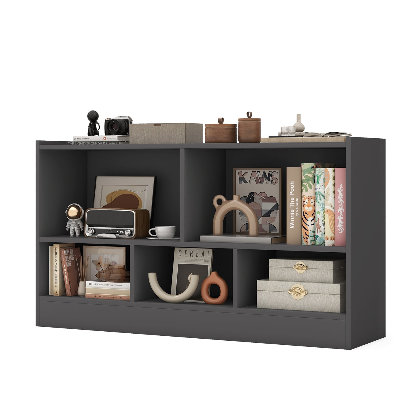 Kids 2-Shelf Bookcase 5-Cube Wood Toy Storage Cabinet Organizer-Beige - Gray