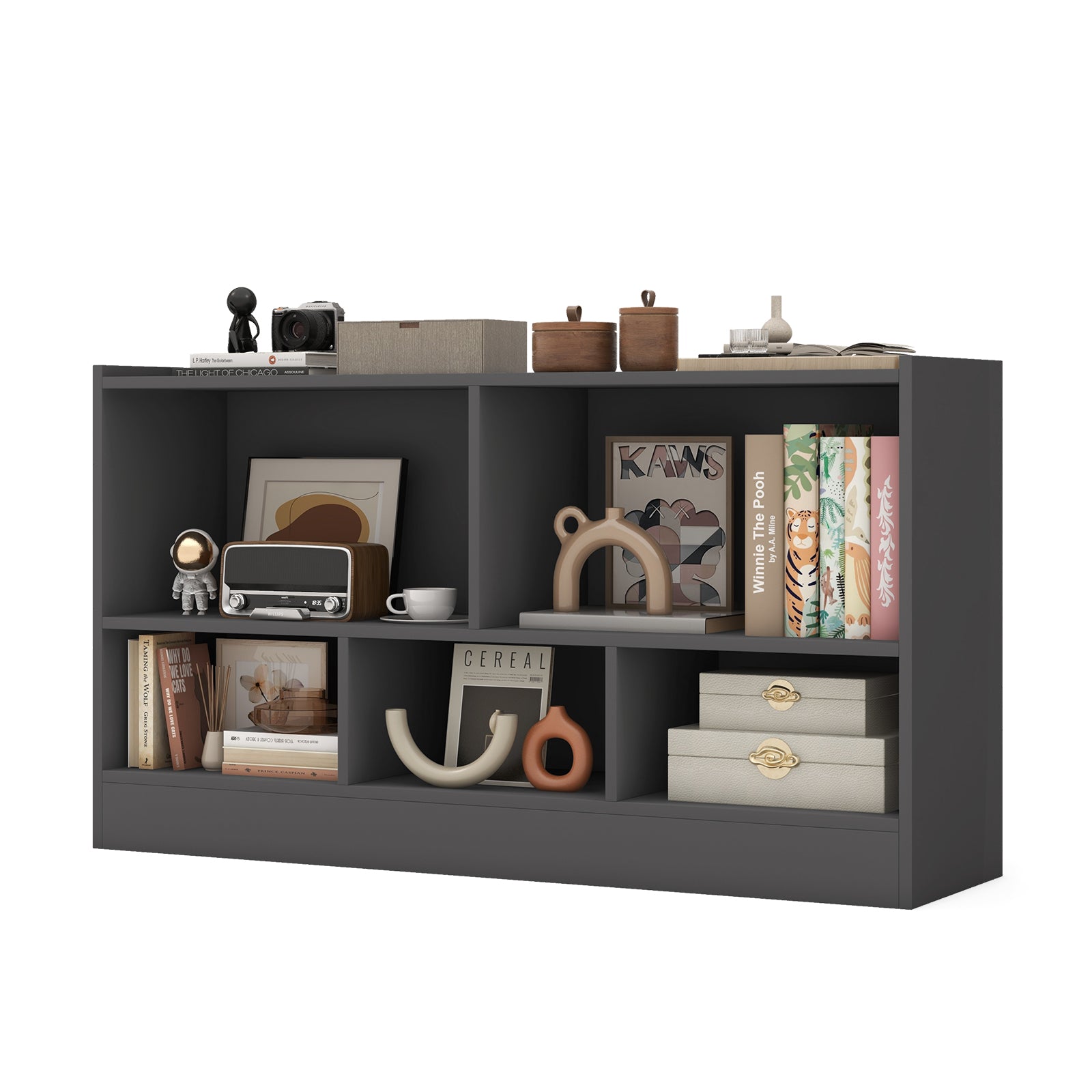 Kids 2-Shelf Bookcase 5-Cube Wood Toy Storage Cabinet Organizer-Beige - Gray