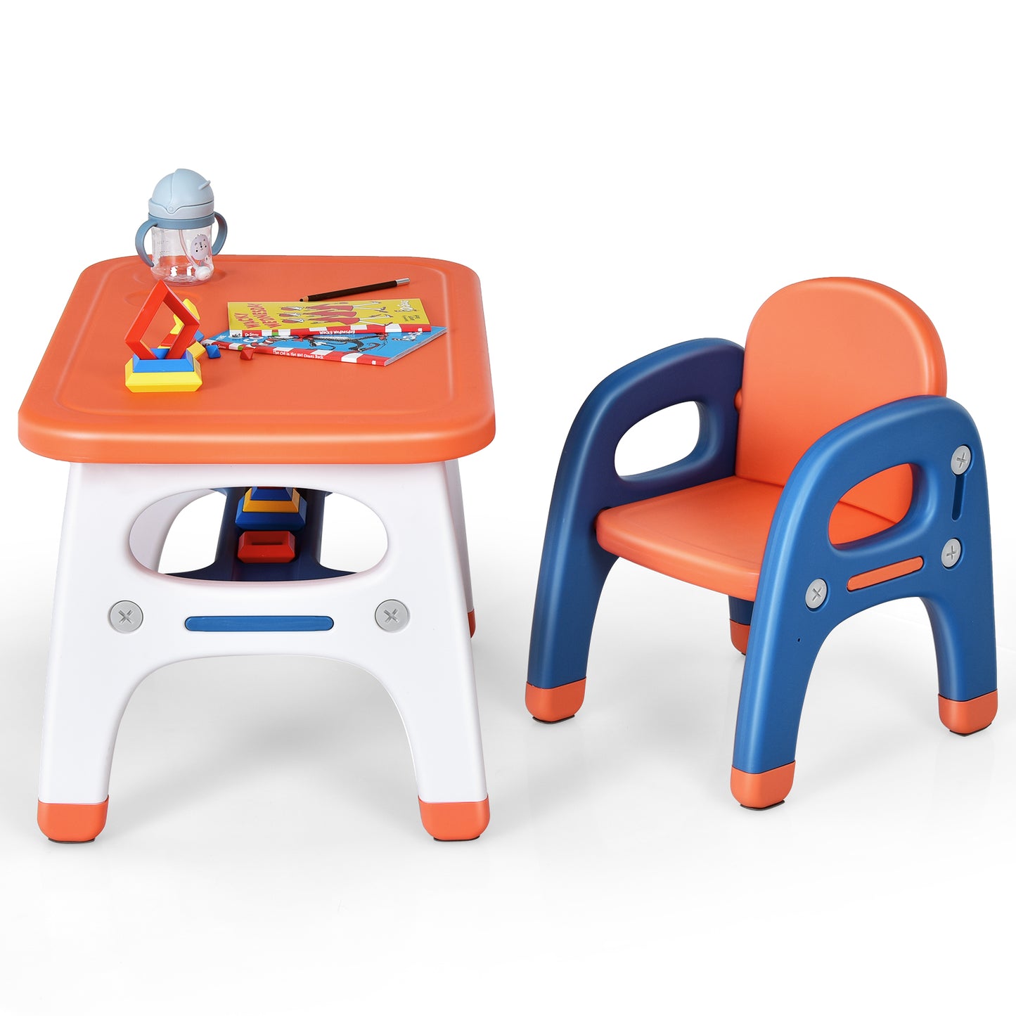 Kids Activity Table and Chair Set with Montessori Toys for Preschool and Kindergarten-Gray - Orange