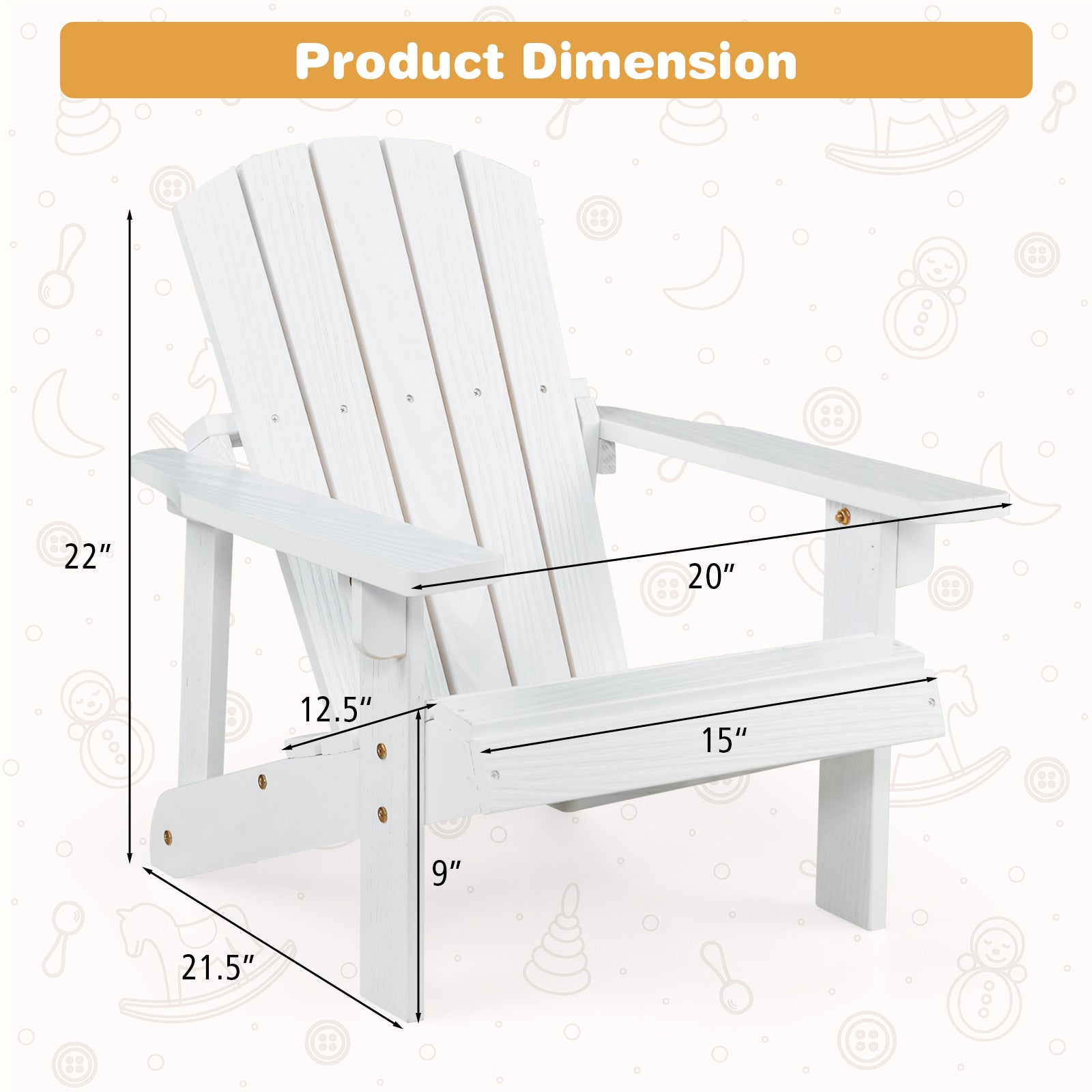 Kid's Adirondack Chair with High Backrest and Arm Rest-White
