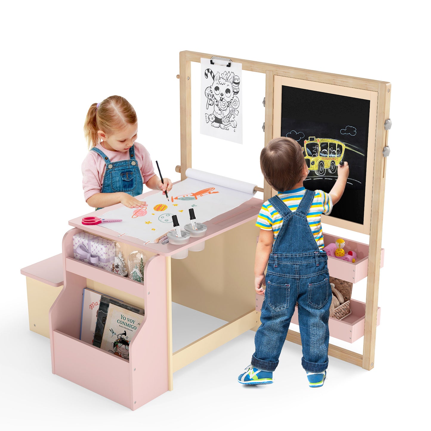 Kids Art Center Wooden Table Bench Set-Pink - Pink