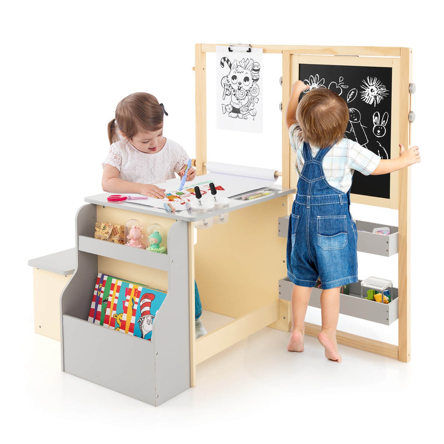 Kids Art Center Wooden Table Bench Set-Pink - Gray