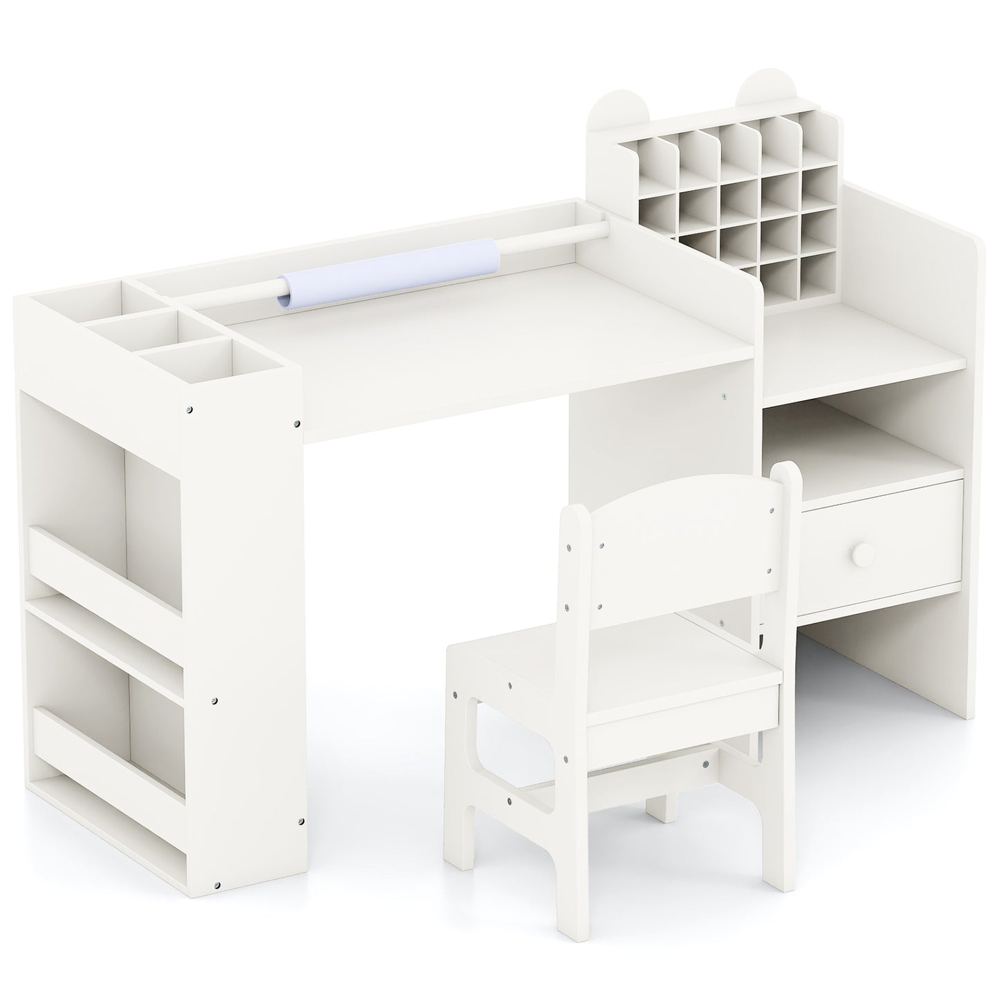 Kids Art Table and Chair Set with Detachable Paper Roll Holder and Cabinet-White