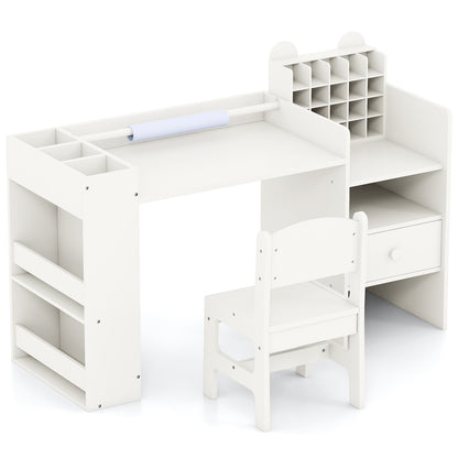 Kids Art Table and Chair Set with Detachable Paper Roll Holder and Cabinet-White
