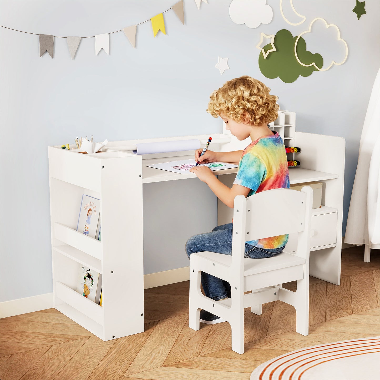 Kids Art Table and Chair Set with Detachable Paper Roll Holder and Cabinet-White