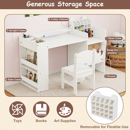 Kids Art Table and Chair Set with Detachable Paper Roll Holder and Cabinet-White
