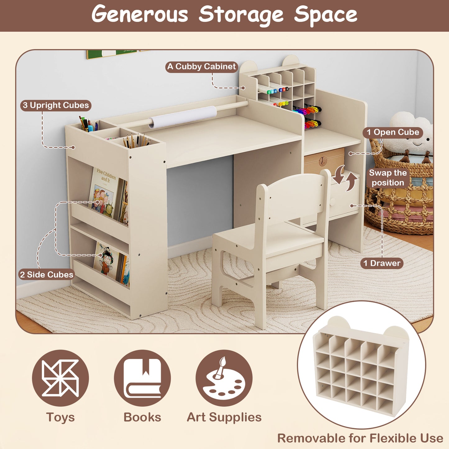 Kids Art Table and Chair Set with Detachable Paper Roll Holder and Cabinet-Natural