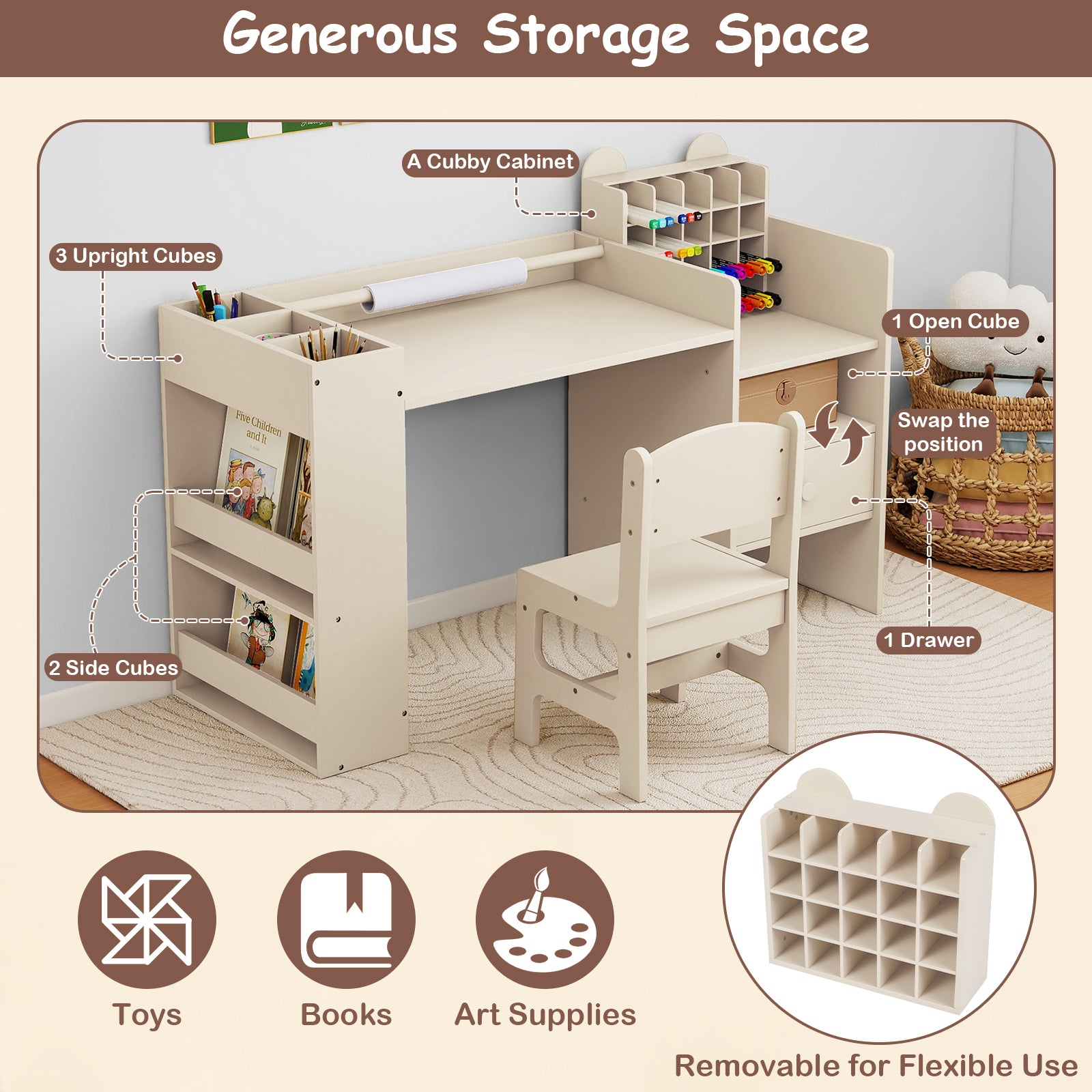 Kids Art Table and Chair Set with Detachable Paper Roll Holder and Cabinet-Natural