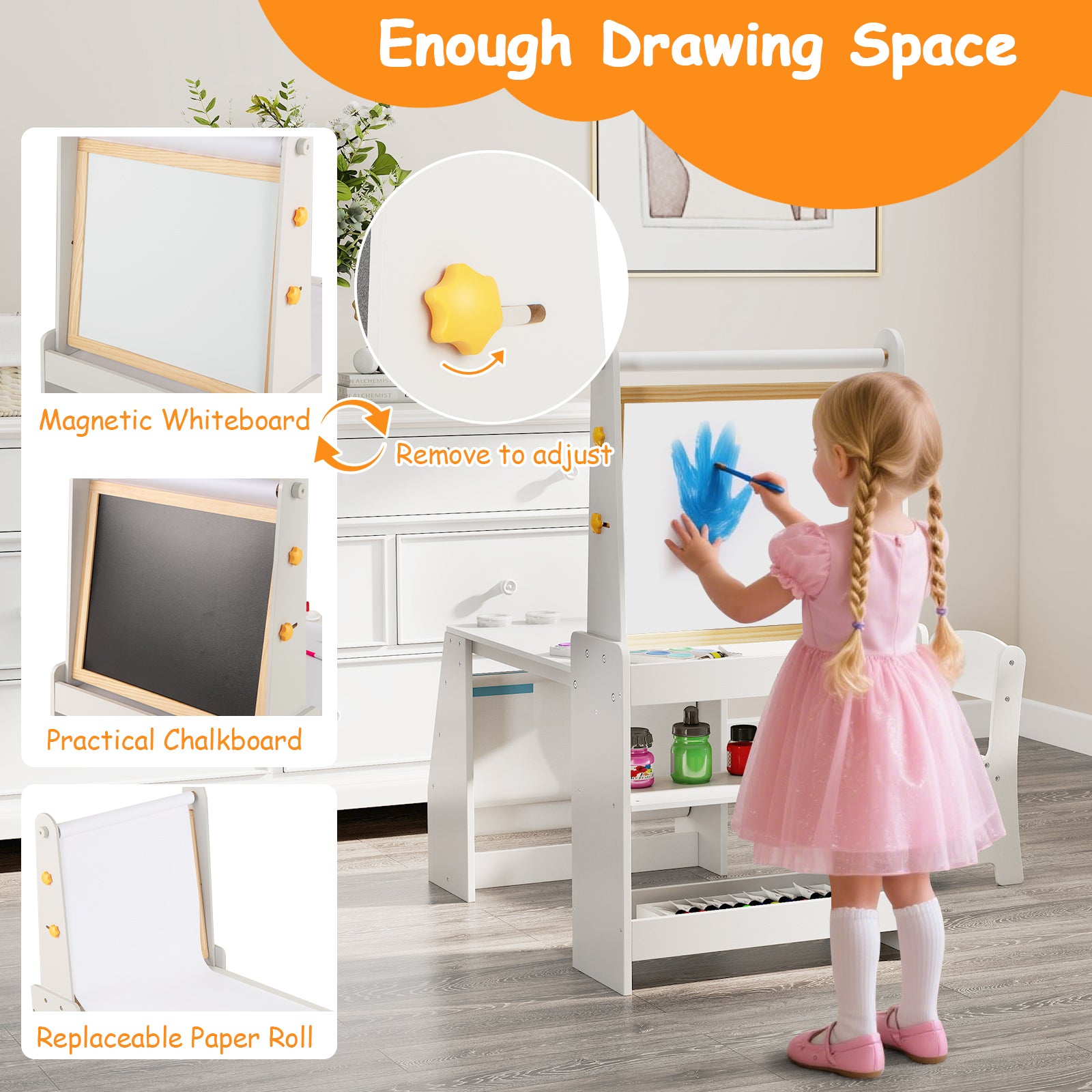 Kids Art Table and Chair Set with Easel and Chair for Drawing Reading-Grey