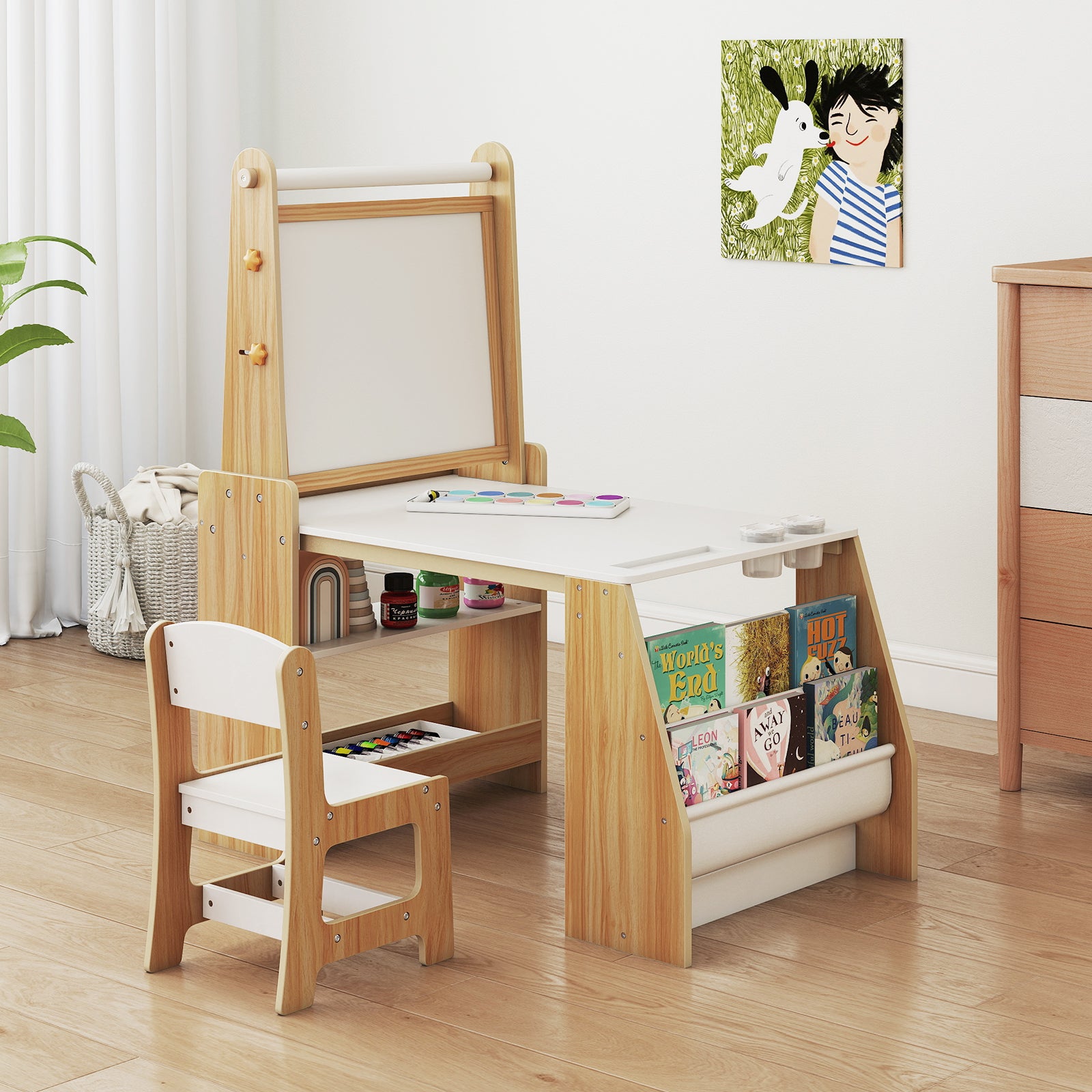 Kids Art Table and Chair Set with Easel and Chair for Drawing Reading-Natural
