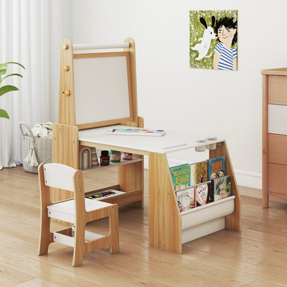 Kids Art Table and Chair Set with Easel and Chair for Drawing Reading-Natural